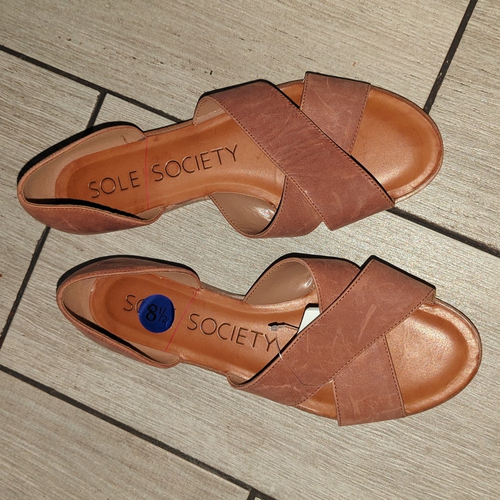Sole Society Brown Leather Cross-Strap Flat Sandals